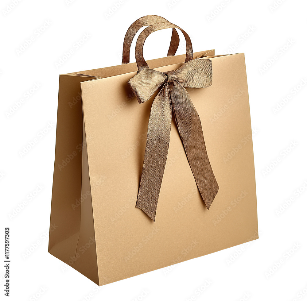 Elegant gold gift bag adorned with satin bow image isolated transparent. Luxury gift wrapping shoppingbag cut out photo png. Premium retail packaging cutout element object photography