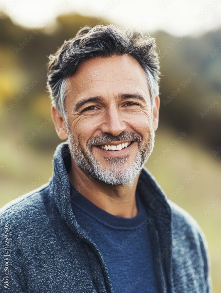 Smiling middle-aged man outdoors in warm sunlight with blurred green background and ample empty copyspace for promotional text or messages Smiling middle-aged man outdoors in warm sunlight with blurred green background and ample empty copyspace for promotional text or messages