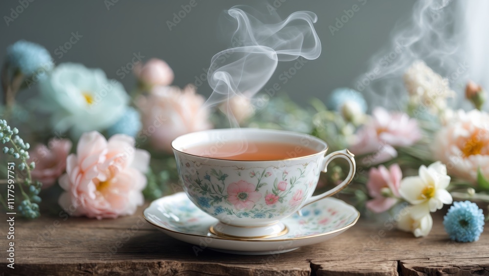 Spring Teacup Flowers Serenity Herbal Tea Calm. Spring Teacup Flowers Serenity Herbal Tea Calm.