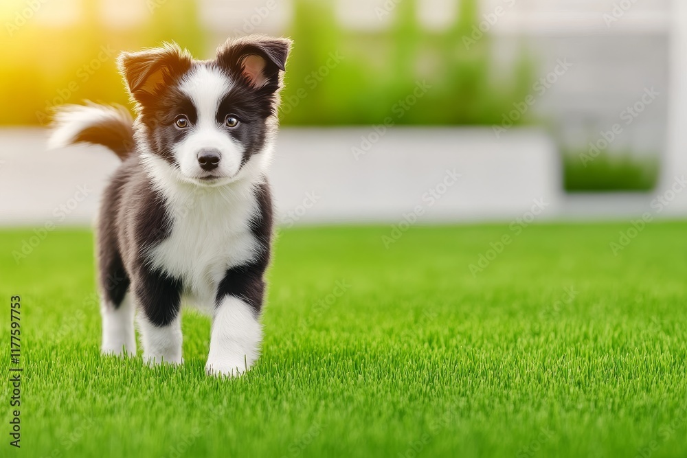 Adorable Aussie Puppy on Green Grass - A charming black and white Australian Shepherd puppy plays on lush green grass, symbolizing joy, youth, loyalty, nature, and springtime.