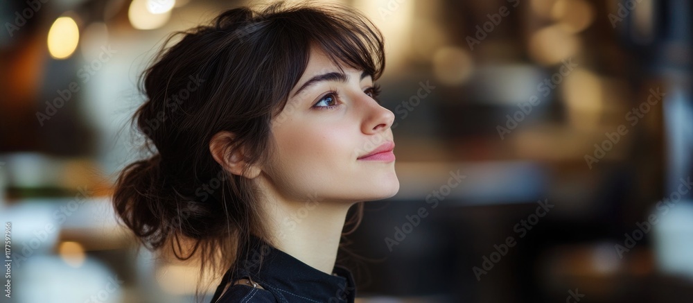 Fototapeta premium Elegant profile of a beautiful young brunette woman indoors with warm soft lighting and blurred background, offering ample copyspace for text.