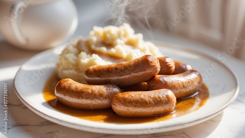 Steaming Sausages with Mashed Potatoes and Gravy. photo