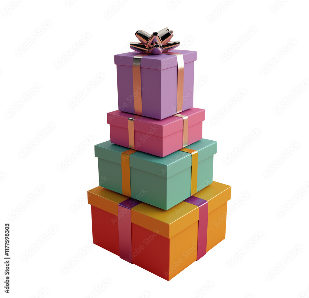 Obraz premium Stacked multicolored gift boxes with metallic ribbons image isolated transparent. Festive occasion presents cut out photo png. Birthday giftboxes cutout element object photography