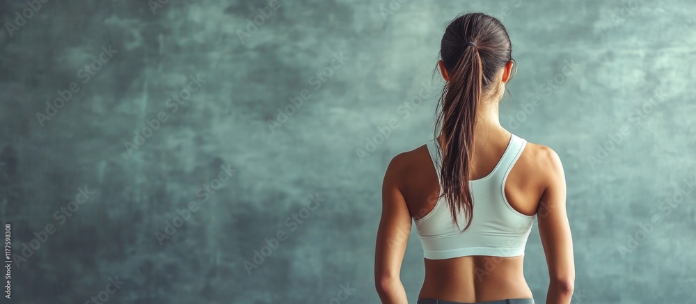 Obraz premium Athletic female in light blue sportswear standing in front of textured gray wall, preparing for a pilates workout with vast empty space behind her.