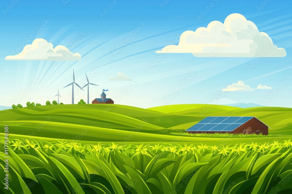 Obraz premium Renewable energy farming windmills and solar panels in lush green fields sustainable agriculture serene rural landscape eco-friendly concept