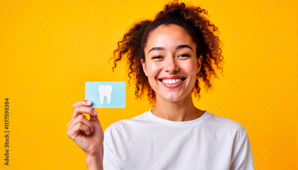 Smiling woman holding dental card against yellow background, dental care, dentist day Smiling woman holding dental card against yellow background, dental care, dentist day