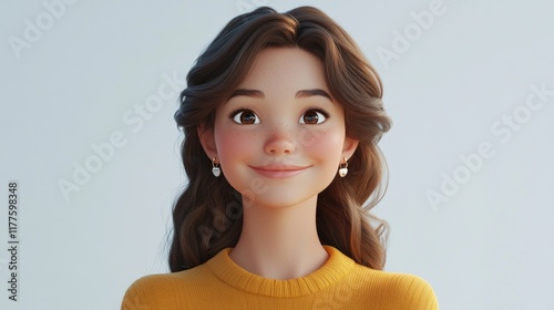 Animated Girl with Heart Earrings and Freckles Smiling with Gentle Light