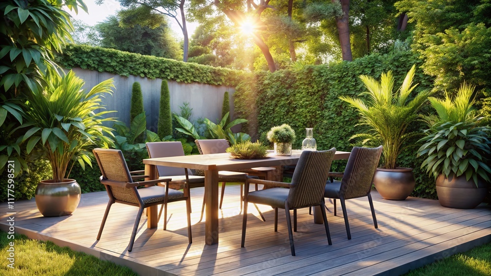 Fototapeta premium Modern Patio Dining Set in Lush Outdoor Greenery – Stock Photo