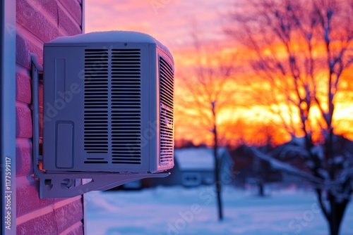 AC Unit Winter Sunset Glow - A white AC unit mounted on a brick wall, contrasting against a vibrant winter sunset.  The scene symbolizes warmth, contrast, technology, nature, and winter. photo