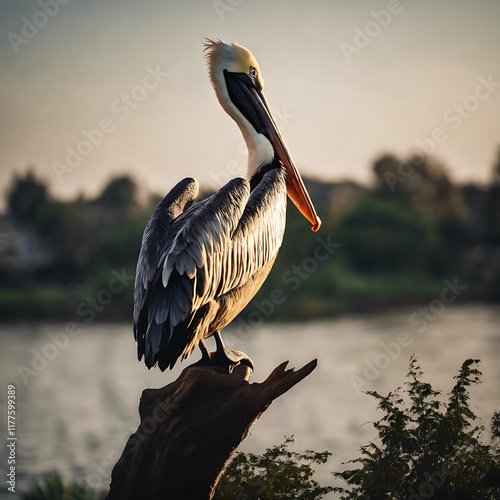 a majestic pelican perched on a branch. photo