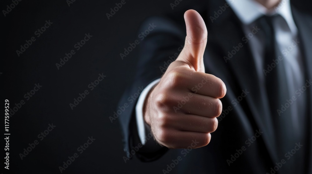 Businessman in formal suit giving thumbs up gesture on dark background with ample empty space for textual overlay, ideal for motivational content. Businessman in formal suit giving thumbs up gesture on dark background with ample empty space for textual overlay, ideal for motivational content.