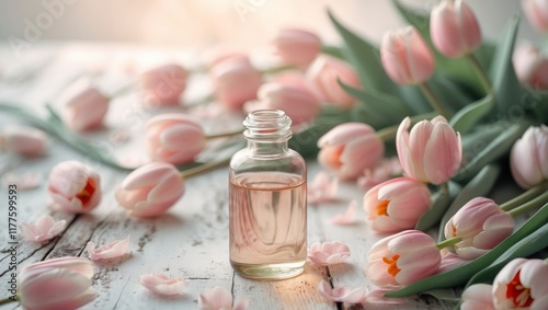 Tulip essential oil bottle placed among pink tulips and flowers on a rustic wooden surface creating a serene botanical composition. photo