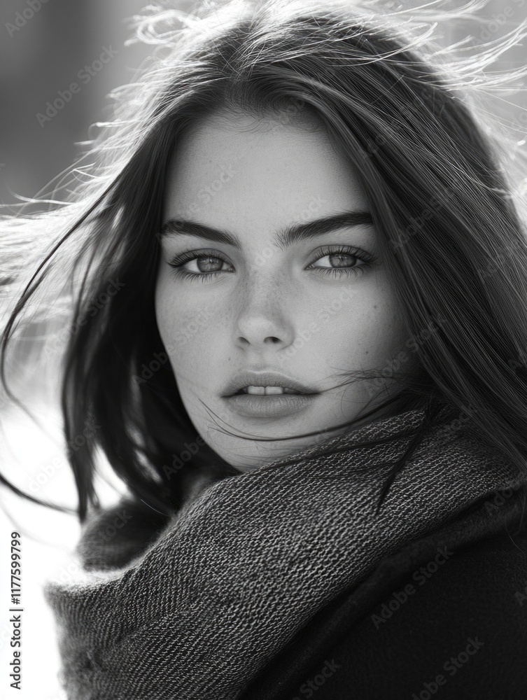 Fototapeta premium Stylish teenage girl with flowing brunette hair and piercing eyes wrapped in a scarf walking through an urban landscape in black and white tones.