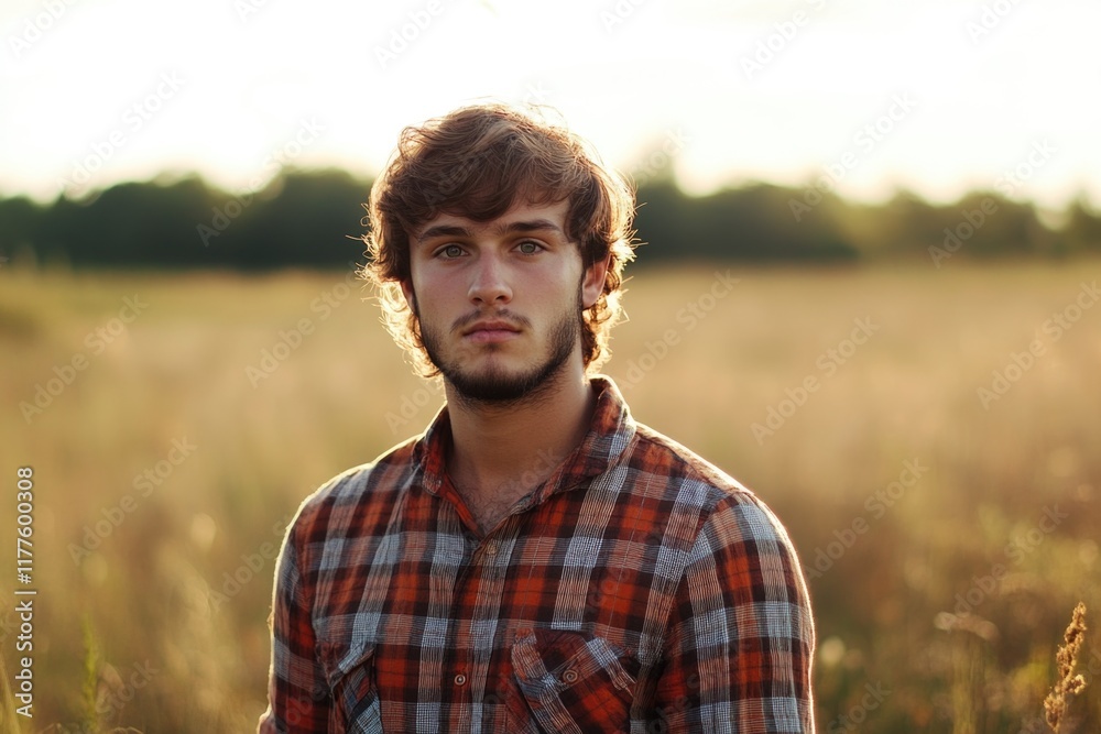 Young man in plaid shirt standing in a golden field during sunset with soft bokeh background and vast empty space for text enriquecimiento. Young man in plaid shirt standing in a golden field during sunset with soft bokeh background and vast empty space for text enriquecimiento.