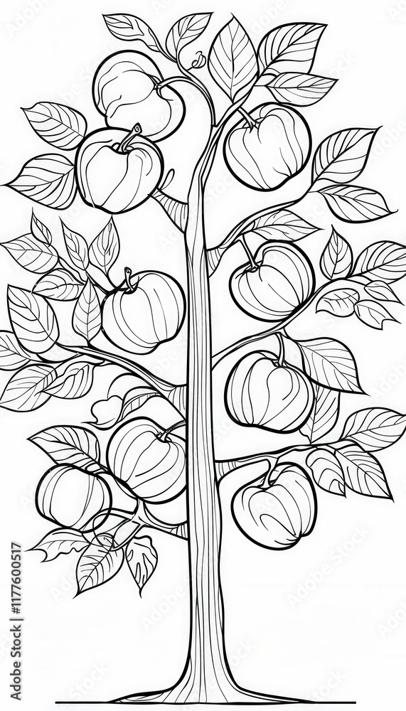 Fototapeta premium A stylized apple tree full of ripe apples. Perfect for coloring activities, educational materials, or fall-themed designs.