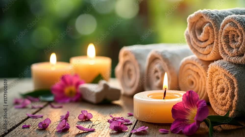 Relaxing Spa Setup With Soft Towels, Candles, and Flower Petals Creating a Serene Atmosphere for Wellness and Tranquility Relaxing Spa Setup With Soft Towels, Candles, and Flower Petals Creating a Serene Atmosphere for Wellness and Tranquility