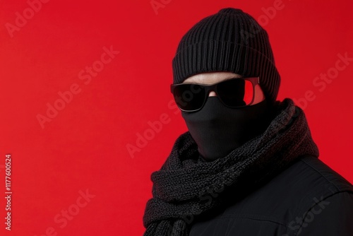 Young man in black ski mask and sunglasses against vibrant red background with ample copy space for creative text or marketing purposes. photo