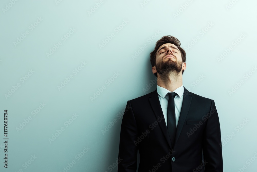 Tired young businessman in formal black suit standing against a pale gray wall with closed eyes, conveying stress and contemplation with ample space for text. Tired young businessman in formal black suit standing against a pale gray wall with closed eyes, conveying stress and contemplation with ample space for text.