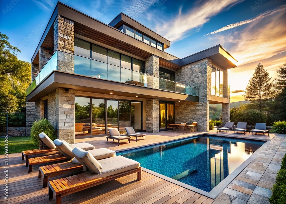 Fototapeta premium Modern Stone House with Swimming Pool and Deck - Luxury Real Estate Photography