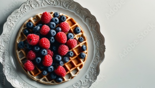 Waffle topped with fresh raspberries and blueberries on an ornate platter. photo