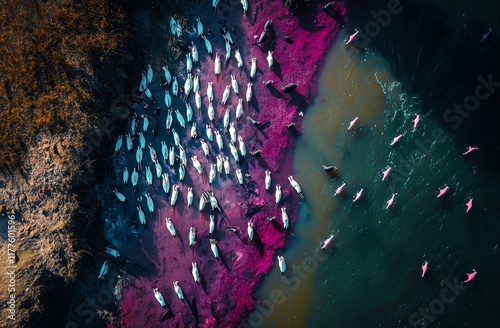 An aerial shot encompassing the Pink Flamingos at Lake Bogoria, located in the Baringo district of Kenya photo