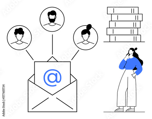 Envelope with an email icon sends messages to three recipients. Woman thinking next to stack of documents. Ideal for business, communication, networking, teamwork, data management, email marketing