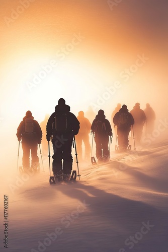 group of snowshoers silhouetted against glowing winter horizon trekking through softly blurred snowy terrain photo