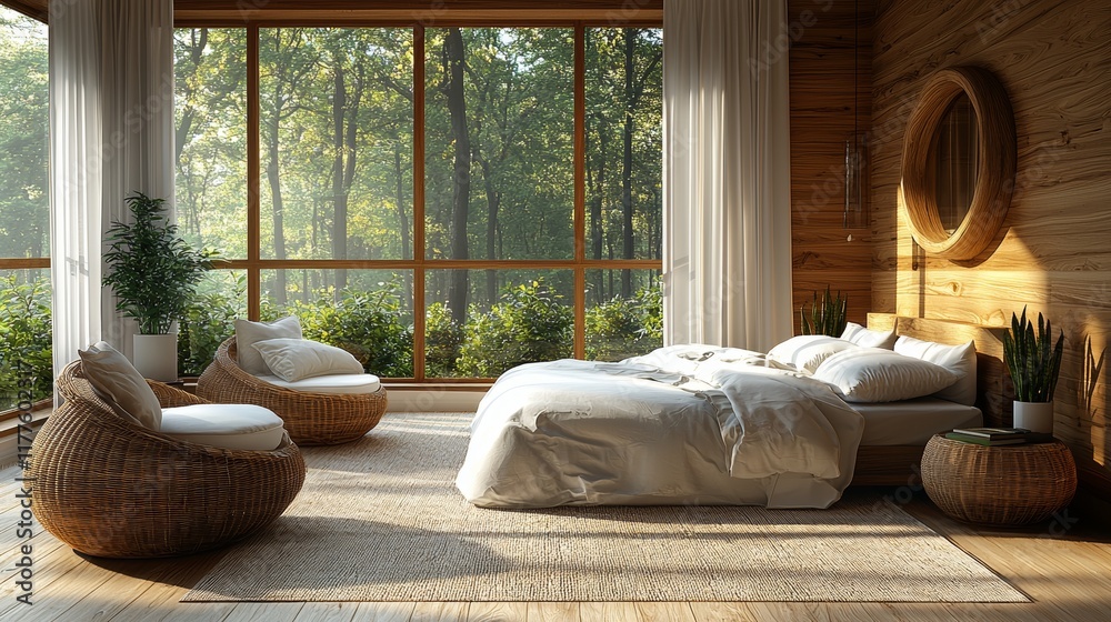 Obraz premium In a minimalist style, this bedroom emphasizes functionality through built-in storage, clean lines, and maintaining a clutter-free environment