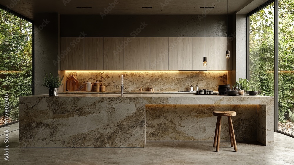 A broad view of a modern minimalist kitchen, emphasizing its roomy layout, with white cabinets and a marble island, complemented by minimalist decor, and presented in a clutter-free setting