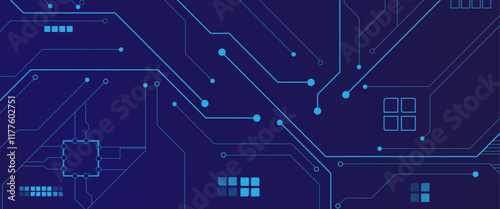 Vector Technology lines circuit and dots on blue background, Thin circuit trace lines in blue on a dark technology background. 