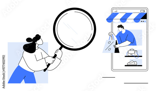 Woman holds a magnifying glass inspecting items in an online shopping app on a mobile device. Ideal for e-commerce, online shopping, consumer behavior, mobile apps, marketing, product search, digital