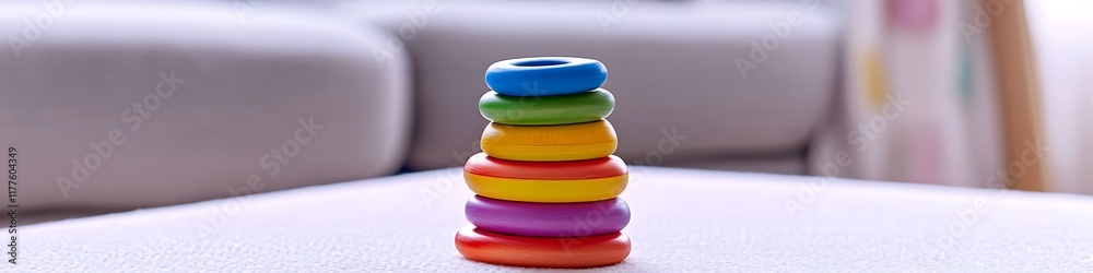 Wooden stacking toy with rainbow-colored rings on a white surface Wooden stacking toy with rainbow-colored rings on a white surface