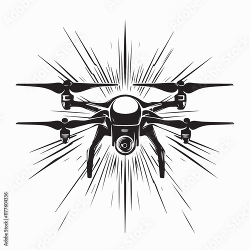 Flying Drone Silhouette in Front of the Sunlight with Scenic Sky View Vector Illustration