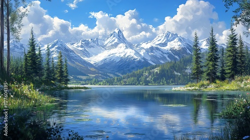 Serene Mountain Lake: A Peaceful Landscape Painting