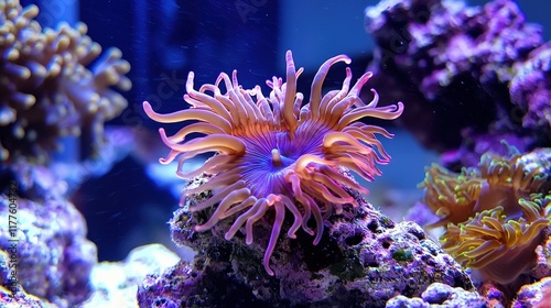 A vibrant coral reef underwater, showcasing tropical fish and intricate coral formations photo