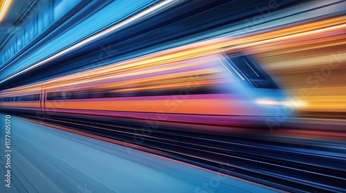 Blurred motion of a modern high-speed passenger express train racing through a station at night, generating vibrant streaks of colorful light across the scene