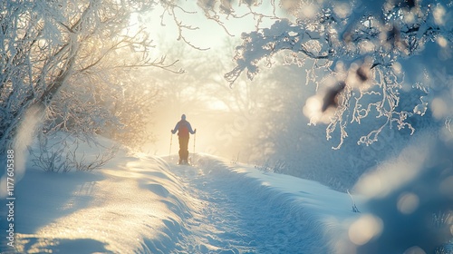 lone snowshoer pausing on snowy trail to admire panoramic view framed by softly blurred frost and sunlight