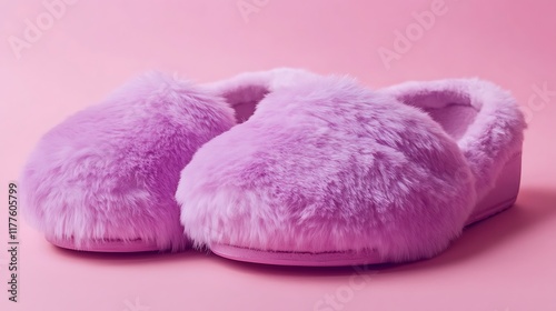 Gentle faux fur light purple slippers with open toe on pink background