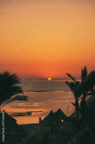 Fantastic sunrise in Marsa Alam over the Red Sea. Visible palm trees, beach umbrellas, typical hotel buildings. Egypt, Marsa Alam 2024