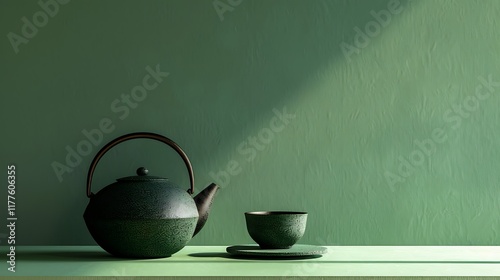 Geometric modern ceramic teapot on green background