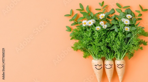 Three carrots with drawn faces, surrounded by fresh flowers and greenery on an orange background. photo