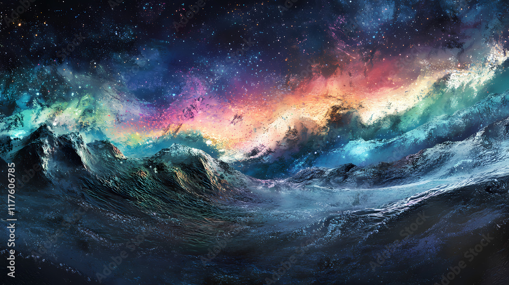 Fototapeta premium Northern lights, illustration. Snowcap. Illustration