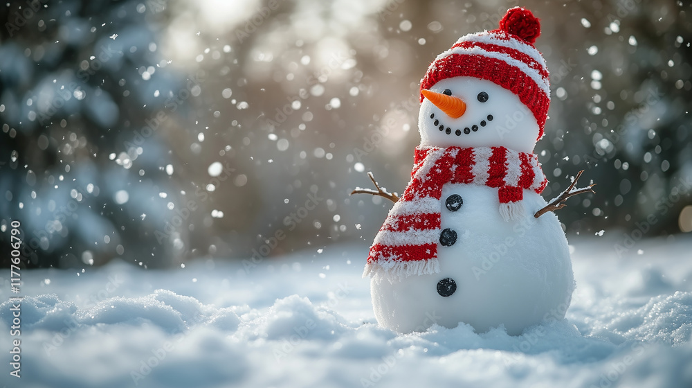 Cheerful Snowman in Red and White Winter Attire with Falling Snow: A festive snowman wearing a red and white knitted hat and matching scarf, set against a soft, snowy bokeh background with snowflakes. Cheerful Snowman in Red and White Winter Attire with Falling Snow: A festive snowman wearing a red and white knitted hat and matching scarf, set against a soft, snowy bokeh background with snowflakes.