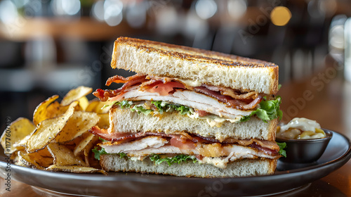 Hearty Homestyle Club Sandwich with Crispy Bacon and Fresh Ingredients photo