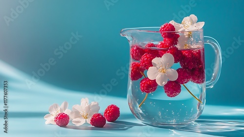 Glass bucket like waterpot of berries with delicate petals on blue background photo