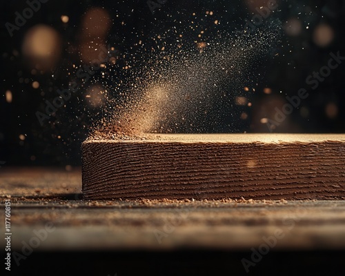 A large wooden beam being sanded, emphasizing raw strength and skill, beam sanding, industrialscale craft photo