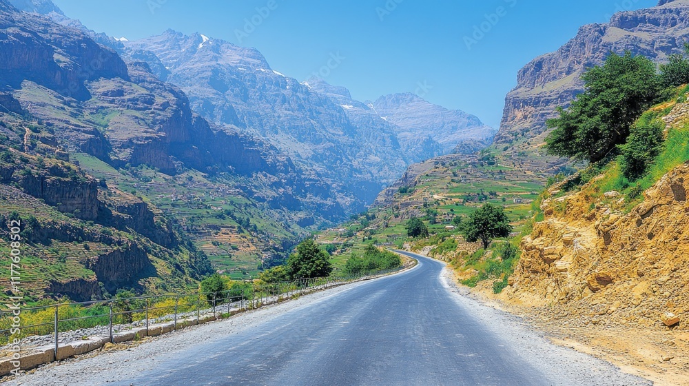 Fototapeta premium Winding road through a picturesque mountain valley, surrounded by lush greenery and rugged terrain under a clear sky.