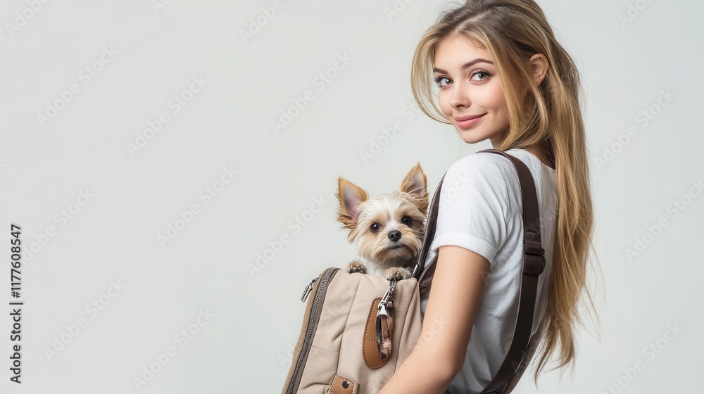 Young Woman with Dog in Stylish Backpack Young Woman with Dog in Stylish Backpack