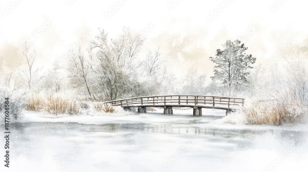 Winter bridge over frozen lake, snowy park, serene landscape Winter bridge over frozen lake, snowy park, serene landscape