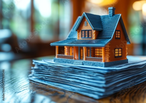 A minimalist desk with a miniature house model, contract papers, and a pen, amidst stacks of folders and documents, outlines the nuances of the home sale and insurance process